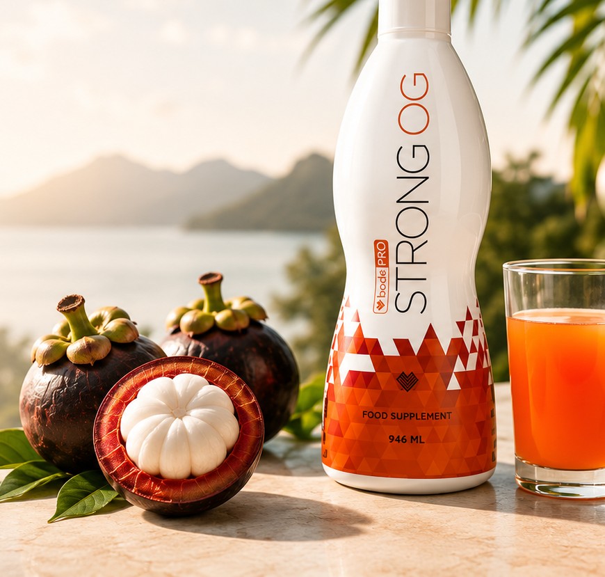 Mangostan-Frucht neben STRONG OG